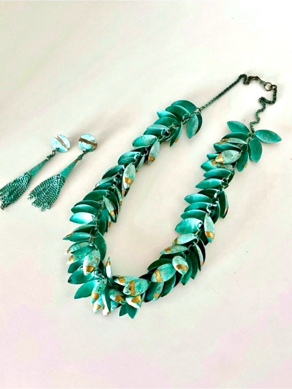 Jane Adam Rare Statement Necklace Earring Set Turquoise Gold Leaf Wearable Art